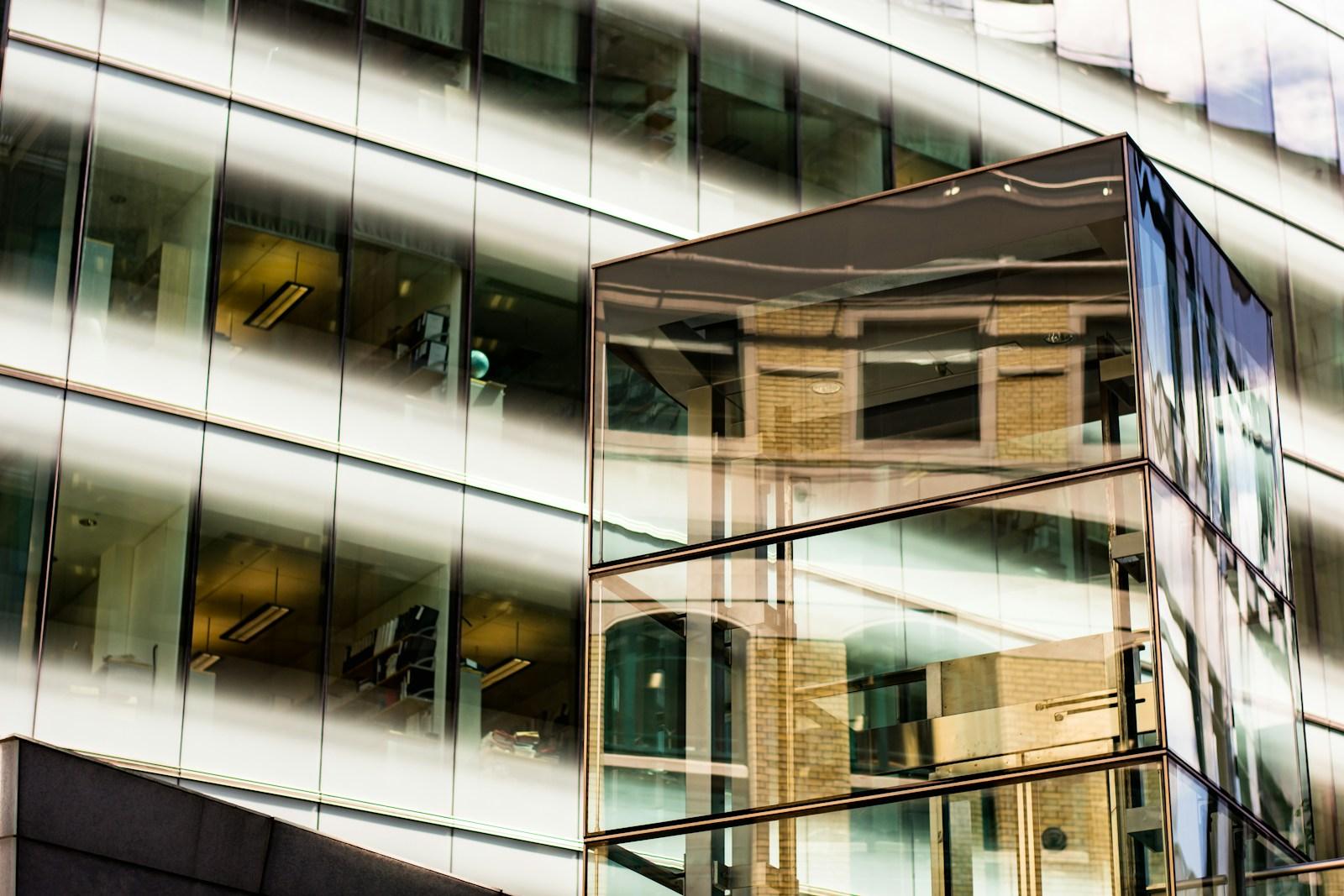 Geometric glass facade of a contemporary office building